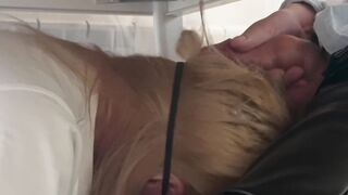 Cumming on the Hair. A beautiful bitch sucks a big dick under the table with gusto - 15 image
