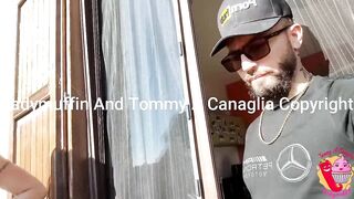 She smokes and he in overalls on the balcony - 9 image
