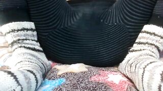 White girl in warm winter pants masturbating online with her Indian boyfriend. - 2 image