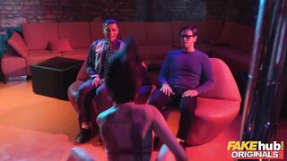 FAKEhub - Sultry big tits Stripper Lola Bulgari with her great legs and firm ass takes two thick cocks after lapdance and squirting on the stage then milking their balls - 2 image