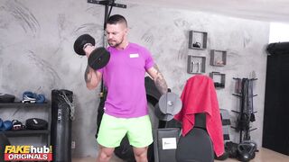 FAKEhub - Hot inexperienced babe addicted to orgasms squirts on gym bros towel and gets a creampie - 3 image