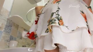 very hairy pussy became very tight without sex, that's why I barely entered the vagina with my glass dildo, it's so slippery that I quickly got aroused and ended up squirting and moaning a lot hot milf masturbates passionately and her cunt slurp - 5 image