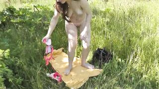 Pussy masturbation beautiful brunette MILF on wild beach by lake outdoors. Nude beach. Fingering wet pussy orgasm squirt - 15 image