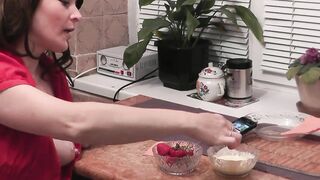 Without panties in kitchen beautiful brunette MILF eats banana fruits with cream fingering wet pussy and orgasm. Handjob - 10 image