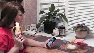 Without panties in kitchen beautiful brunette MILF eats banana fruits with cream fingering wet pussy and orgasm. Handjob - 2 image