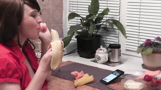 Without panties in kitchen beautiful brunette MILF eats banana fruits with cream fingering wet pussy and orgasm. Handjob - 6 image
