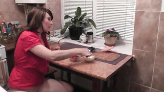 Without panties in kitchen beautiful brunette MILF eats banana fruits with cream fingering wet pussy and orgasm. Handjob - 8 image