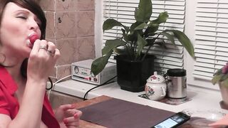 Without panties in kitchen beautiful brunette MILF eats banana fruits with cream fingering wet pussy and orgasm. Handjob - 9 image