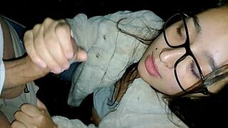 Stepsister gives a blowjob while taking a walk in the woods outdoor - 1 image