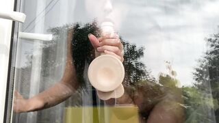 Surprised the neighbor with a luxurious pussy! Oops he's peeking - 2 image