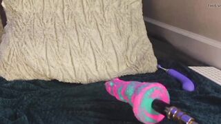 Naked beauty masturbates her shaved slit with two hands and sighs softly - 8 image