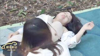 Two skinny girls have threesome sex in public and cum on the natural boobs - 5 image