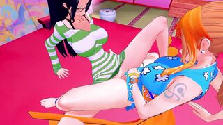 [One Piece] Nico Robin and Nami decided to celebrate their victory in Wano land, but they got caught by Monkey D Luffy and played with their pussies! ~ (Short) - 2 image