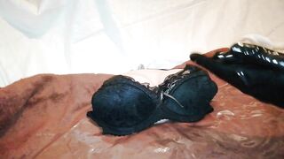 massage tits torso sex doll with pussy in black latex gloves until she ejaculation - 2 image