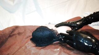 massage tits torso sex doll with pussy in black latex gloves until she ejaculation - 4 image