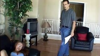 Brunette babe with juicy twat sucks and gets banged on couch