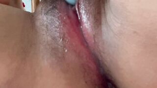 The virgin vibrates her clitoris and masturbates, her pink pussy becomes wet and cums, and she squirts to orgasm - 15 image