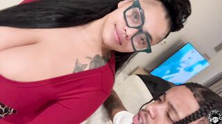 Thick BBW squirts on Lil D's trailer while wearing glasses and giving a sloppy BJ - 12 image