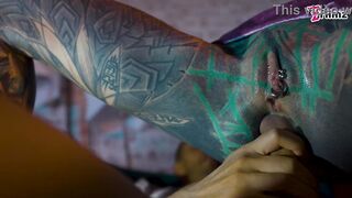 Tattooed guard catches tattooed chick & gives her a rough face-off against bwc