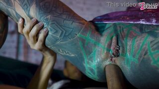 Tattooed guard catches tattooed chick & gives her a rough face-off against bwc