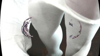 Horny blonde MILF fingers her wet pussy and squirts while getting her hairy pussy fingered in stockings