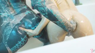 Bathtub Fisting with Heavy Squirt & ATM Action: Insane Lesbian Action with Dildo, Tattooed Prolapse & ATM Action - 9 image