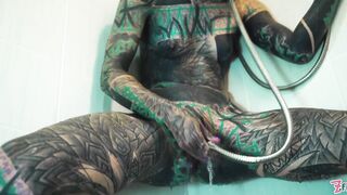 Petite tattooed model squirts while fingering her tight ass in the shower