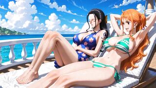 Nico Robin gets her holes licked before fingering Nami's pussy and ass in parody of One Piece [AI] - 1 image