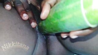 Young ebony girlfriend squirts while using dildo and cucumber for her first time - 3 image
