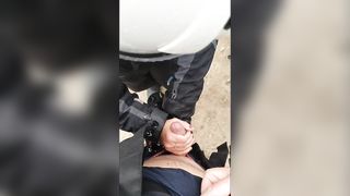 Milf flashing tits outdoors and giving hubby a handjob - 11 image